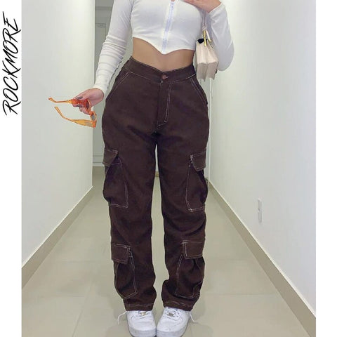 Rockmore Brown Casual Baggy Jeans Women Pockets Straight Cargo Pants Streetwear Vintage High Waist Wide Leg Denim Trousers 2022