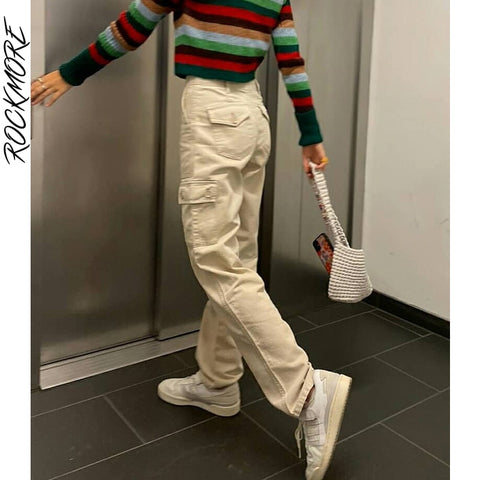 Rockmore Casual Baggy Jeans Women's Cargo Pants Pockets Streetwear Mom High Waist Straight Denim Trousers E Girl Harajuku