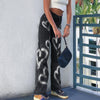 Rockmore Graffiti Print Jeans Women Pockets Wide Leg Trousers High Waisted Straight Pants Women Pockets Wide Leg Trousers Denim