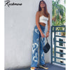 Rockmore Graffiti Print Jeans Women Pockets Wide Leg Trousers High Waisted Straight Pants Women Pockets Wide Leg Trousers Denim