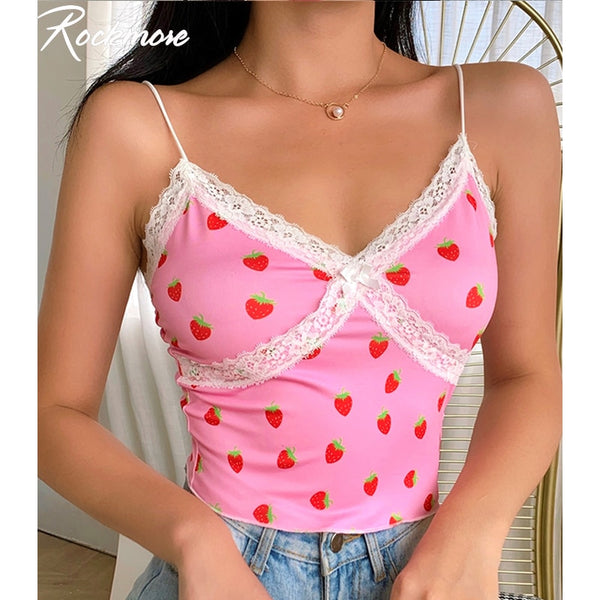 Rockmore Lace Camis Summer Tops For Women 2022 Strawberry Print Harajuku Korean Cute Low Cut Sexy Crop Tank Top Skinny Clubwear
