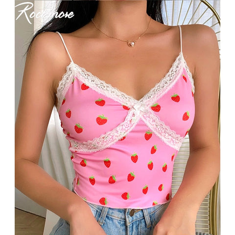 Rockmore Lace Camis Summer Tops For Women 2022 Strawberry Print Harajuku Korean Cute Low Cut Sexy Crop Tank Top Skinny Clubwear