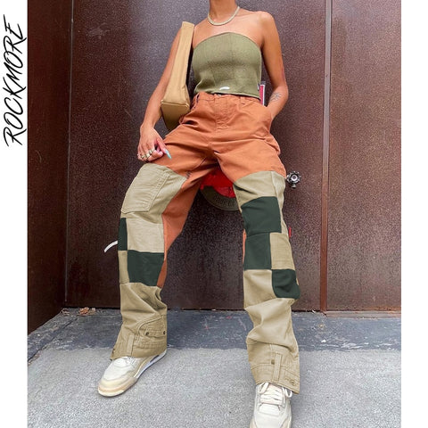 Rockmore Patchwork Baggy Jeans Women Streetwear Pockets Cargo Pants Boyfriend High Waist Straight Denim Trousers Punk Grunge