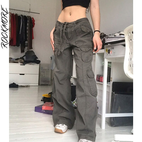 Rockmore Vintage Pockets Cargo Jeans Women Streetwear Low Waist Wide Leg Pants Casual Baggy Straight Denim Trousers 2022