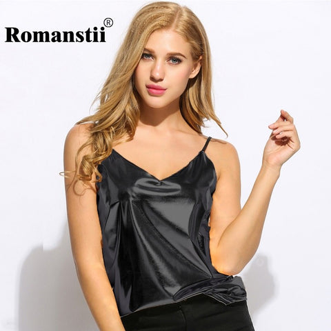 Metallic Top Summer Women Sexy V-Neck Sleeveless Spaghetti Strap Liquid Wet Look Shiny Tank Tops Female Cami Plus Size