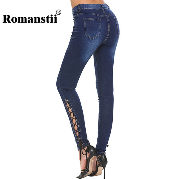 Women Skinny Jeans Female Vintage Curvy Slim Fit Stretch Strap Cross Lace Up Dark Blue Denim Pant Jean Femme Plus Size
