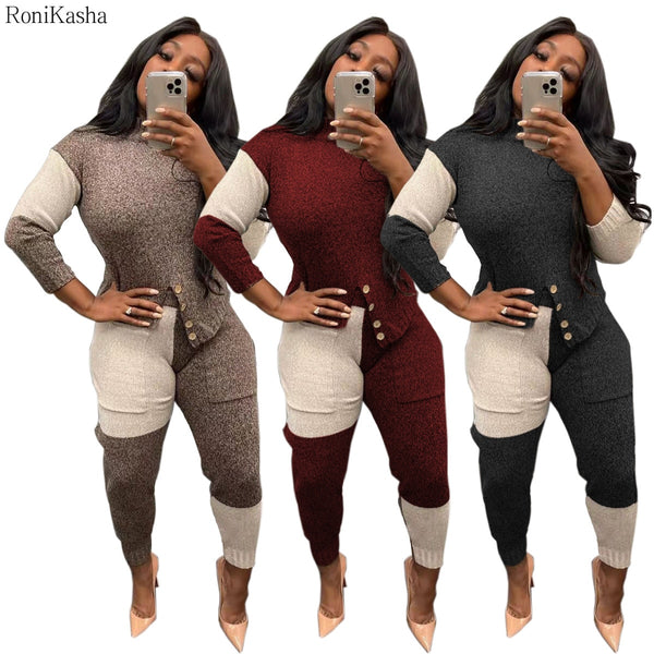 Ronikasha Woman Sweater 2 Piece Set Panelled Long Sleeve Irregular Split Buttons Design for Hem Autumn Winter Suit