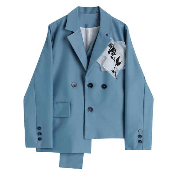 Rose Embroidered Blue Suit Jacket Women's Autumn And Winter Retro Irregular Length Commuting High-end Blazer Coat Female Fashion