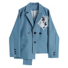 Rose Embroidered Blue Suit Jacket Women's Autumn And Winter Retro Irregular Length Commuting High-end Blazer Coat Female Fashion