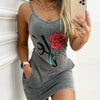 Rose Print Sling Pack Hip Dress Women Tank Top Print Waist Sleeveless Dress V Neck Pocket Mini Dress Dresses Women