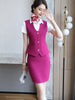 Rose Red Women Skirt Suit Single Breasted Sleeveless Blazer and Above Knee Mini Skirt 2 Piece Set for Office Lady Uniform Design