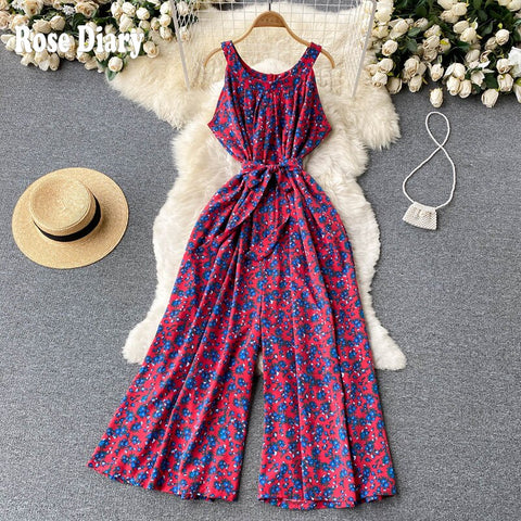 RoseDiary Women Summer Print Floral Vintage Jumpsuit Polyester O-neck Full Length Loose Wide Leg Pants Jumpsuits Rompers