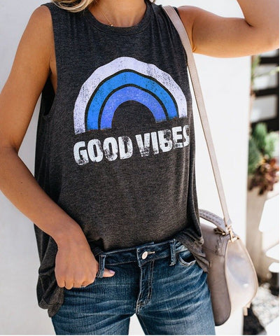 Round Neck Rainbow Letter GOOD VIBES Printing Casual Vest Aesthetic Clothing Women's Graphic Popular Tank Tops