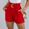 Round neck slim white top and pocket design red shorts suit 2023 summer women's sexy two-piece suit