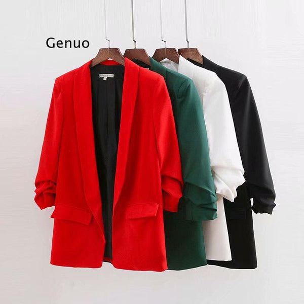 Ruched Cuff Women Spring Autumn Blazers Three Quarter Sleeve Office Lady Solid Suit Jacket Shawl Collar Pockets Coat for Female