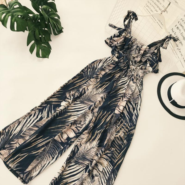 Ruffle Leaf print sexy lace up jumpsuits Boho green sleeveless rompers women jumpsuit 2022 Beach chiffon summer jumpsuit