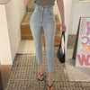 Ruffles Jeans Woman High Waist Light Blue Korean Streetwear Stretchy Jeans Female Bottom Single-breasted  Denim Pencil Pants Mom
