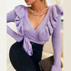 Ruffles V Neck Knit Blouse Women Bottoming Shirts Solid Color Long Sleeve Drawstring  Crop Top Autumn Lady Slim Fit Pullover Top