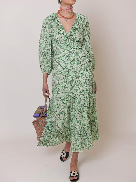 Ruffles V-Neck Women Floral Midi Dress 2022 Early Autumn Puff Sleeve Waist Slim Ladies Lace-up Long Robe