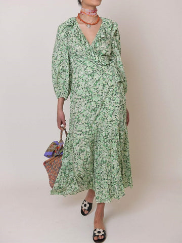 Ruffles V-Neck Women Floral Midi Dress 2022 Early Autumn Puff Sleeve Waist Slim Ladies Lace-up Long Robe