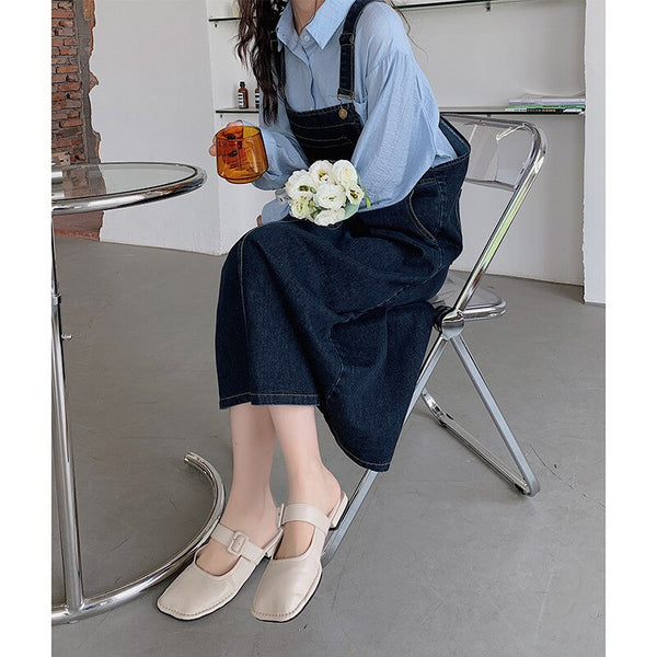 Ruiiishi Korean basic loose cover meat adjustable shoulder belt denim strap skirt temperament gentle casual dress