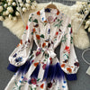 Runway Boho Long Maxi Dress 2022 Spring Vintage Floral Print Shirt Collar Latern Sleeve Bow Sashes Dress Woman Clothing M67467