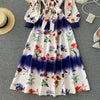 Runway Boho Long Maxi Dress 2022 Spring Vintage Floral Print Shirt Collar Latern Sleeve Bow Sashes Dress Woman Clothing M67467