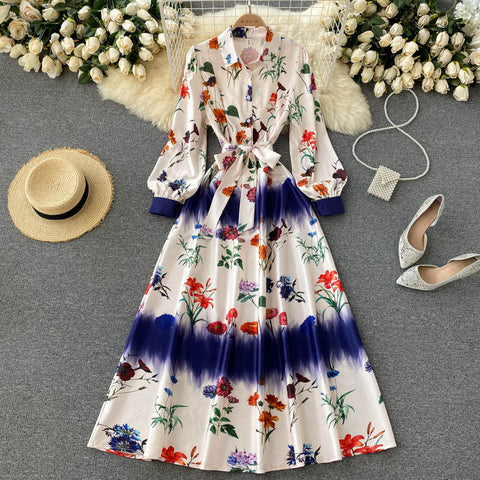 Runway Boho Long Maxi Dress 2022 Spring Vintage Floral Print Shirt Collar Latern Sleeve Bow Sashes Dress Woman Clothing M67467