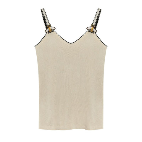 Runway Design Bee Embroidery Sexy Knit Camis 2022 New V Neck Camisole Tank Tops Summer Korean Fashion Sleeveless Women Top