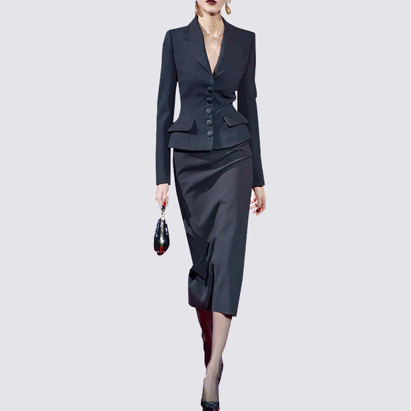 Runway Designer Notched Collar Blazer Coat & Bodycon Midi Skirts Women 2 Pcs Sets Women Office Work Dress Sets