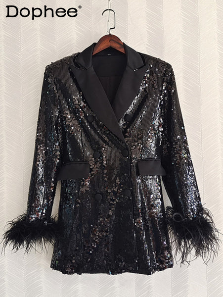 Runway Embroidered Sequin Bling Feather Long Sleeve Suit Coat Women Suit Collar Long Sleeve Slim Fit Blazer Club Autumn Clothes