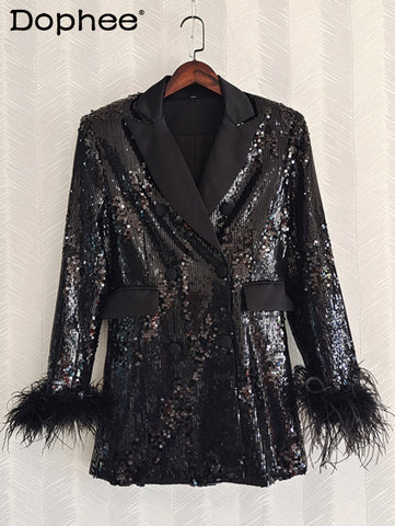 Runway Embroidered Sequin Bling Feather Long Sleeve Suit Coat Women Suit Collar Long Sleeve Slim Fit Blazer Club Autumn Clothes