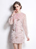 Runway Bow Ribbon Embroidery Peter Pan Collar Jacquard Dress Women Spring Full Sleeve Mini Pink Party Vestidos Lady New