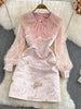 Runway Bow Ribbon Embroidery Peter Pan Collar Jacquard Dress Women Spring Full Sleeve Mini Pink Party Vestidos Lady New