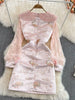 Runway Bow Ribbon Embroidery Peter Pan Collar Jacquard Dress Women Spring Full Sleeve Mini Pink Party Vestidos Lady New