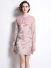 Runway Bow Ribbon Embroidery Peter Pan Collar Jacquard Dress Women Spring Full Sleeve Mini Pink Party Vestidos Lady New