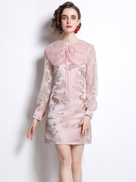 Runway Bow Ribbon Embroidery Peter Pan Collar Jacquard Dress Women Spring Full Sleeve Mini Pink Party Vestidos Lady New