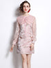 Runway Bow Ribbon Embroidery Peter Pan Collar Jacquard Dress Women Spring Full Sleeve Mini Pink Party Vestidos Lady New