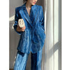 Runway Pant Suits 2 Piece Set for Women Blue Velvet  Blazer Jacket & Trouser 2022 Spring Autumn Korean Suits Sets