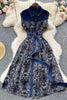 Runway  Sleeveless Dresses 2023 Women Polo Neck Single Breasted Vintage Floral Print Patchwork Denim Maxi Dress Robe