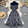 Runway  Sleeveless Dresses 2023 Women Polo Neck Single Breasted Vintage Floral Print Patchwork Denim Maxi Dress Robe