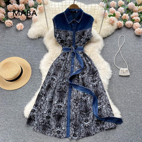 Runway  Sleeveless Dresses 2023 Women Polo Neck Single Breasted Vintage Floral Print Patchwork Denim Maxi Dress Robe