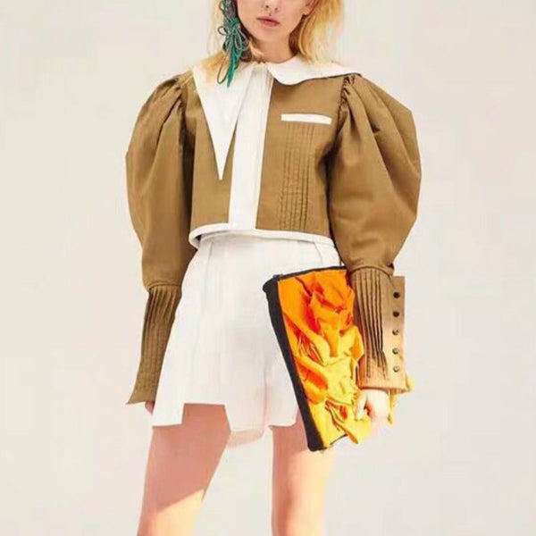 Runway Personality Jackets Women Designer Irregular Peter Pan Collar Ruched Lantern Sleeves Buttons Coats Female Short Blazers