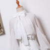Runway Spring Skirt Suits Women's Sheer Lantern Sleeve Bows Chiffon Blouses Tops + Vintage Beaded Flower Appliques Skirts NS354