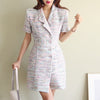 Runway Summer Elegant Plaid OL Women's  Dress Causal Tweed Double Breasted Suit Blazer Female Casacos