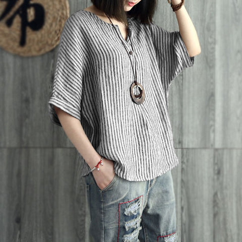 S-5XL 2022 Women V Neck Batwing Sleeve Cotton Linen Striped Blouse Summer Casual Loose Retro Work Top Party Shirt Blusas