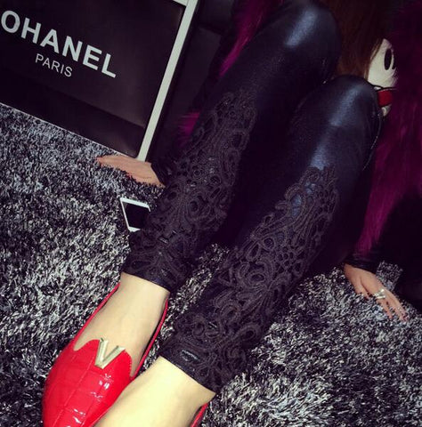 S- 5XL leggings faux leather leggings women lace decoration legging pants black trousers thin leggins Plus size 5XL 4XL 3XL xxl