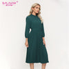 S.FLAVOR Green Single Breasted A-line Working Dress Elegant Pleated Autumn Dress For Women Winter Midi Vestidos De
