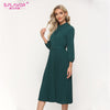 S.FLAVOR Green Single Breasted A-line Working Dress Elegant Pleated Autumn Dress For Women Winter Midi Vestidos De