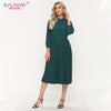 S.FLAVOR Green Single Breasted A-line Working Dress Elegant Pleated Autumn Dress For Women Winter Midi Vestidos De
